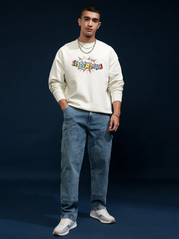 Marvel By Highlander Men White Spider-Man Round Neck Pullover Sweatshirt