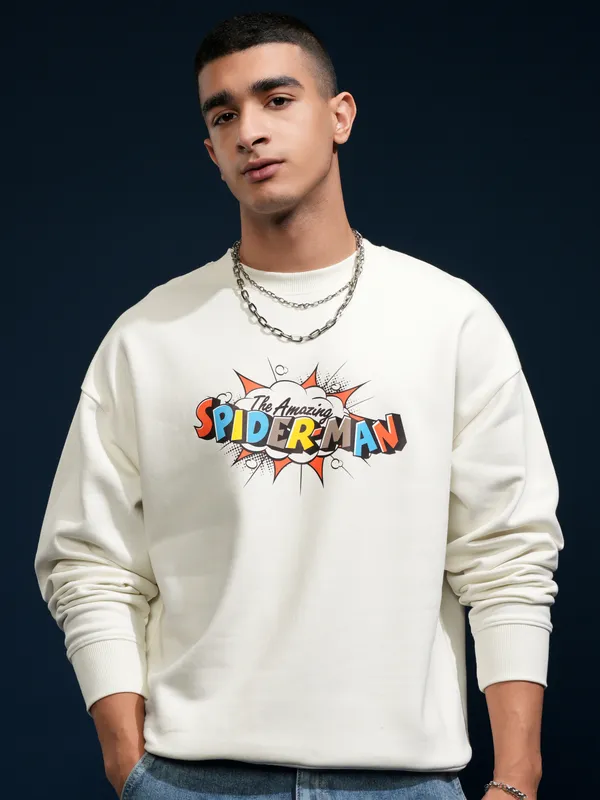 Marvel By Highlander Men White Spider-Man Round Neck Pullover Sweatshirt