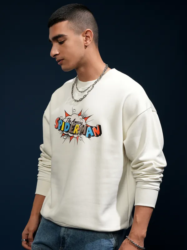 Marvel By Highlander Men White Spider-Man Round Neck Pullover Sweatshirt