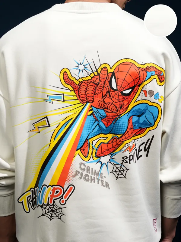 Marvel By Highlander Men White Spider-Man Round Neck Pullover Sweatshirt