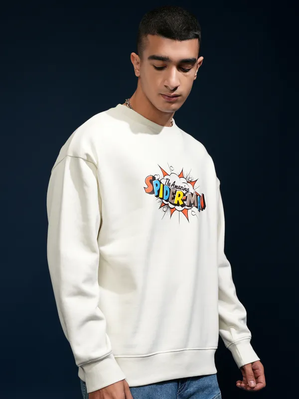 Marvel By Highlander Men White Spider-Man Round Neck Pullover Sweatshirt