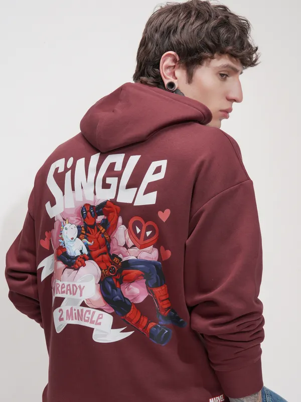 Marvel By Highlander Men Maroon Deadpool Hooded Pullover Sweatshirt