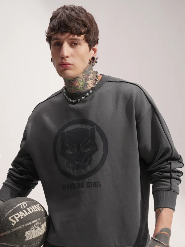Marvel By Highlander Men Grey Black Panther Round Neck Pullover Sweatshirt