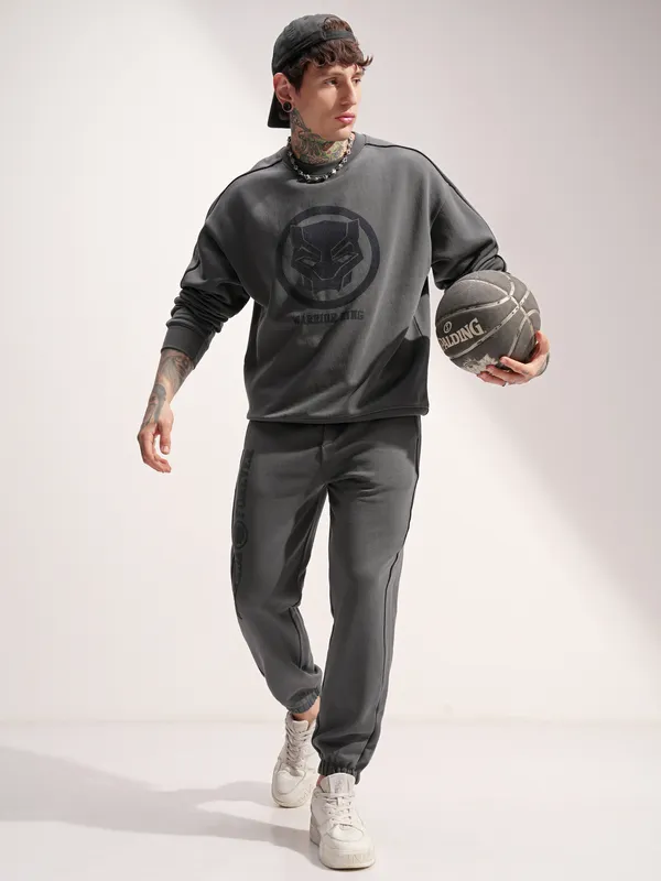 Marvel By Highlander Men Grey Black Panther Round Neck Pullover Sweatshirt