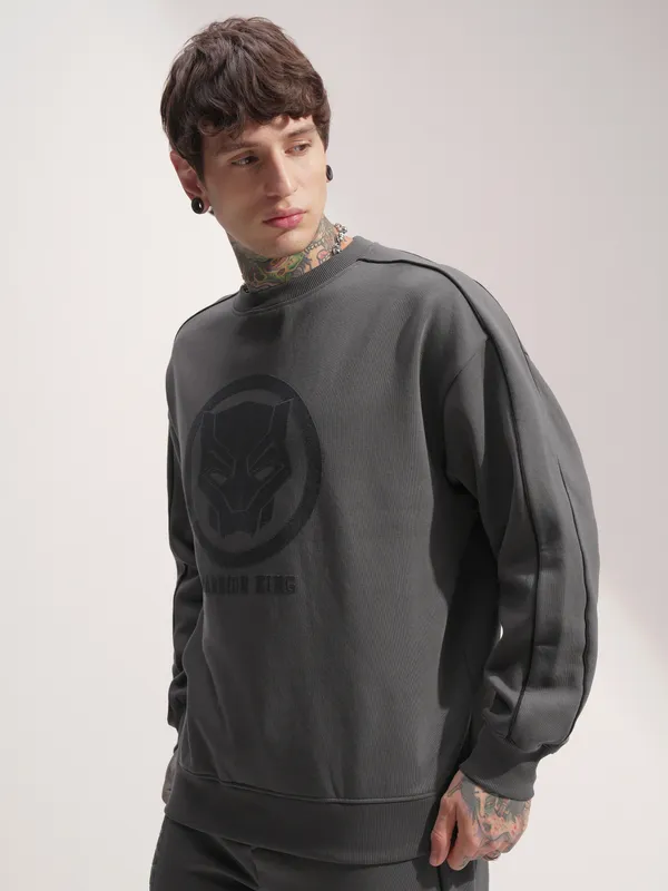 Marvel By Highlander Men Grey Black Panther Round Neck Pullover Sweatshirt
