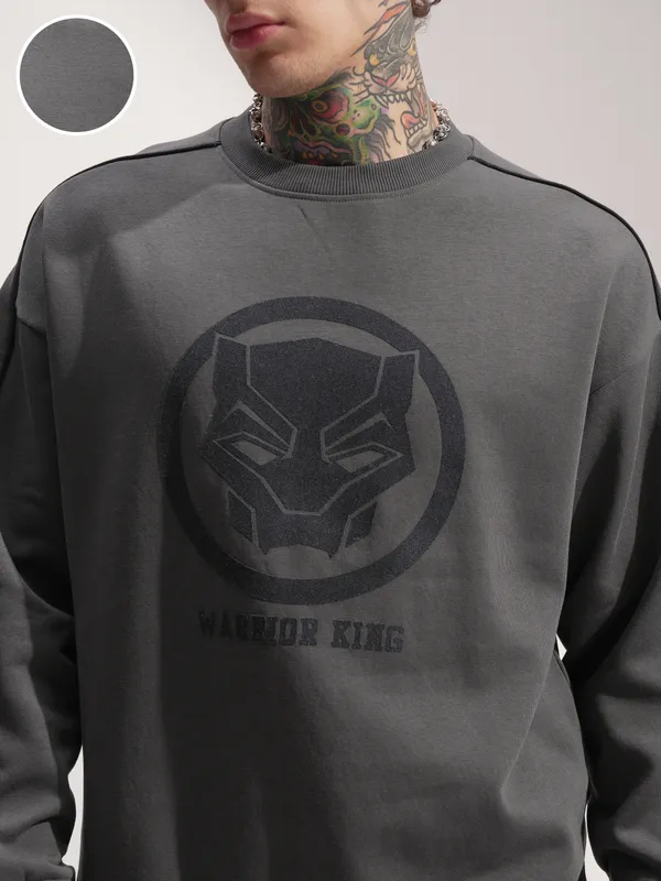 Marvel By Highlander Men Grey Black Panther Round Neck Pullover Sweatshirt