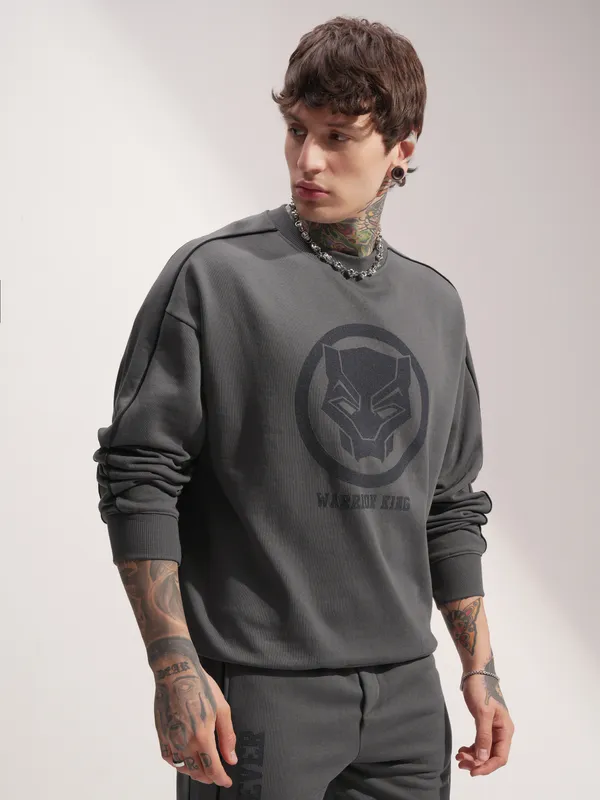 Marvel By Highlander Men Grey Black Panther Round Neck Pullover Sweatshirt
