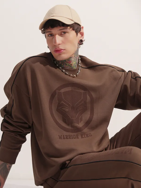 Marvel By Highlander Men Brown Black Panther Round Neck Pullover Sweatshirt