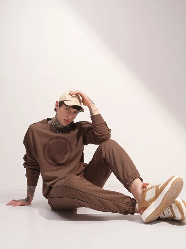 Marvel By Highlander Men Brown Black Panther Round Neck Pullover Sweatshirt