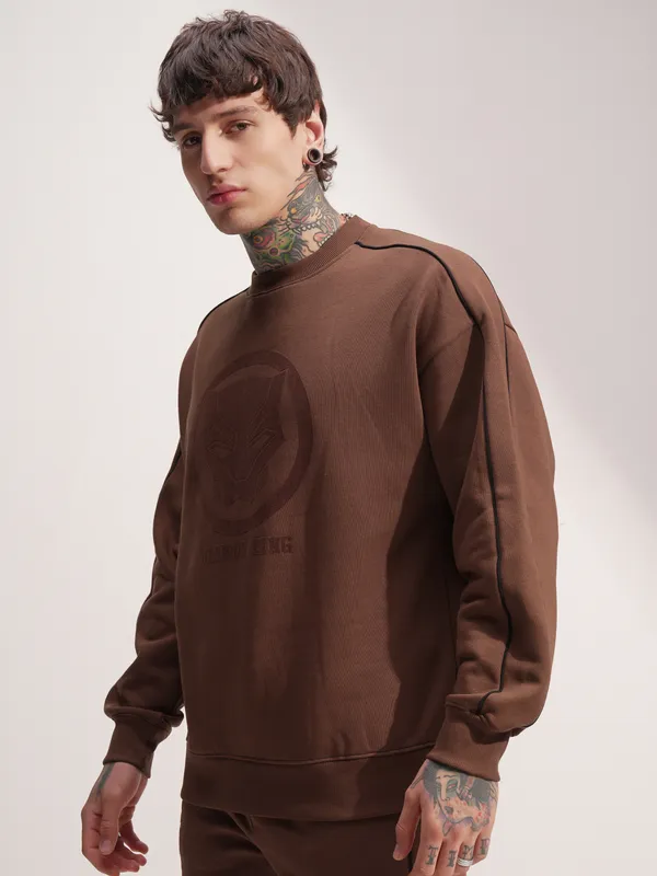 Marvel By Highlander Men Brown Black Panther Round Neck Pullover Sweatshirt