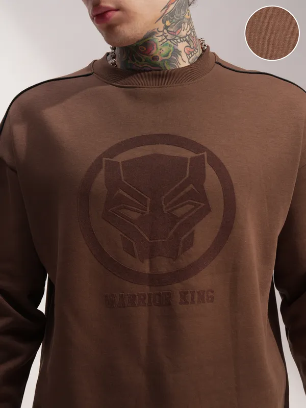 Marvel By Highlander Men Brown Black Panther Round Neck Pullover Sweatshirt