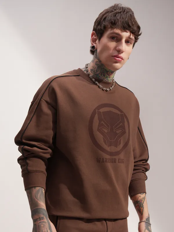 Marvel By Highlander Men Brown Black Panther Round Neck Pullover Sweatshirt