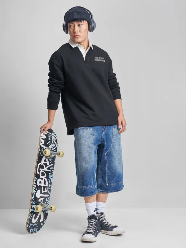 Marvel By Highlander Men Black Deadpool Shirt Collar Pullover Sweatshirt