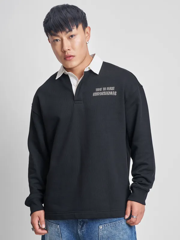 Marvel By Highlander Men Black Deadpool Shirt Collar Pullover Sweatshirt