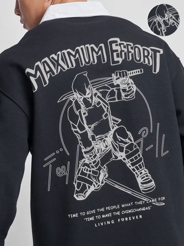 Marvel By Highlander Men Black Deadpool Shirt Collar Pullover Sweatshirt