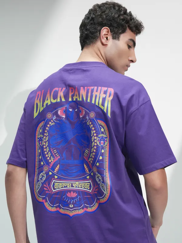 Marvel By Highlander Men Purple Black Panther Printed Round Neck Oversized Fit T-Shirt