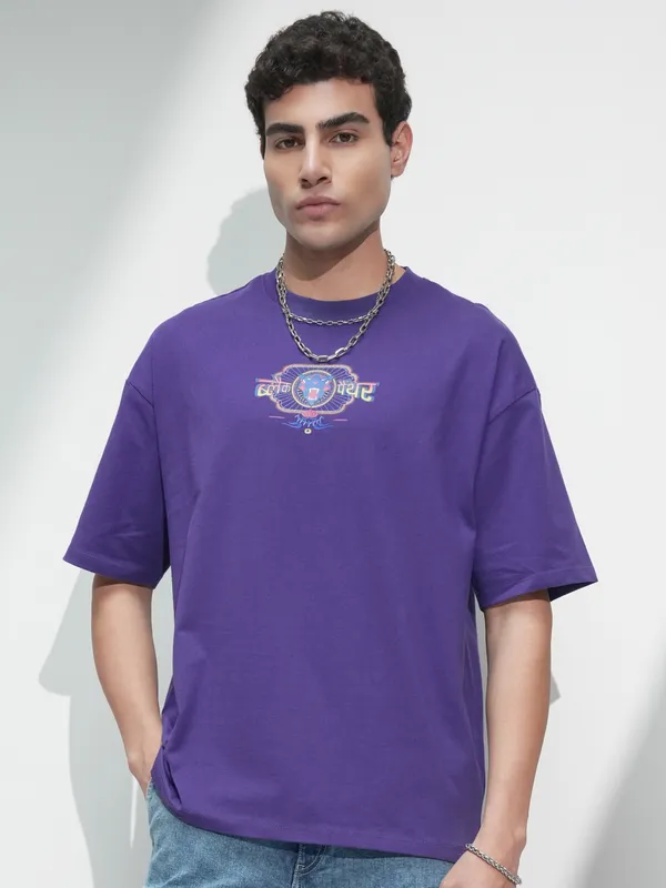 Marvel By Highlander Men Purple Black Panther Printed Round Neck Oversized Fit T-Shirt