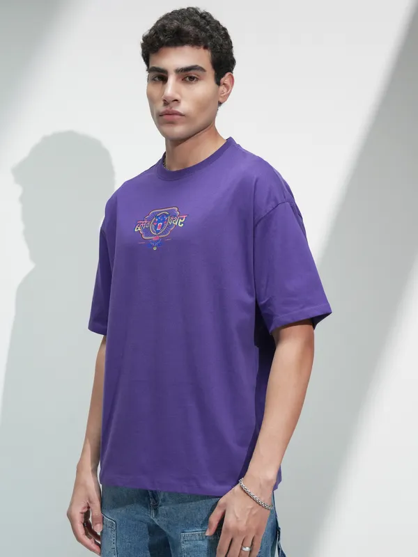 Marvel By Highlander Men Purple Black Panther Printed Round Neck Oversized Fit T-Shirt