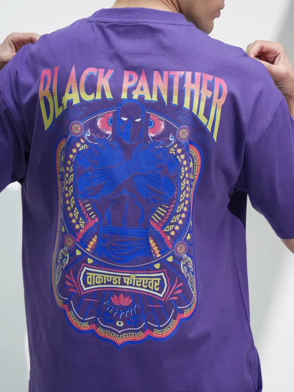Marvel By Highlander Men Purple Black Panther Printed Round Neck Oversized Fit T-Shirt