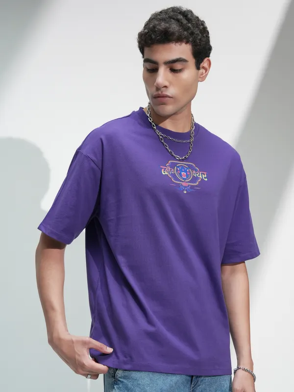 Marvel By Highlander Men Purple Black Panther Printed Round Neck Oversized Fit T-Shirt