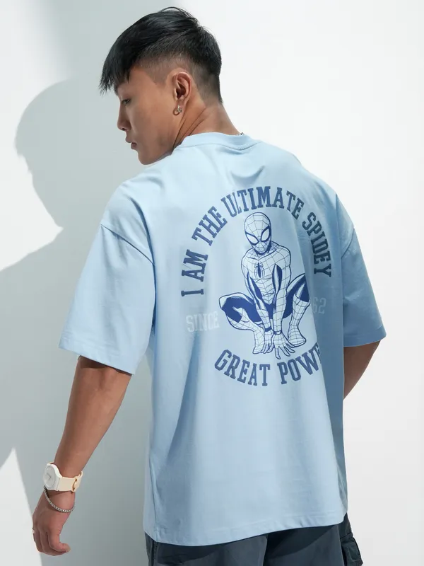 Marvel By Highlander Men Blue Spider-Man Printed Round Neck Oversized Fit T-Shirt