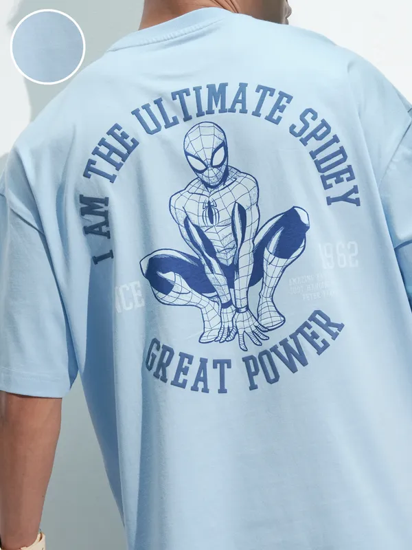 Marvel By Highlander Men Blue Spider-Man Printed Round Neck Oversized Fit T-Shirt