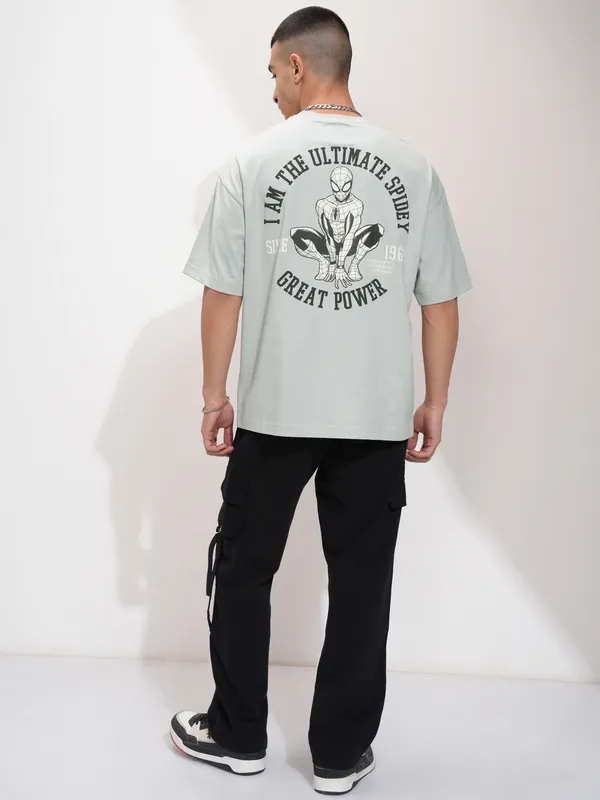 Marvel By Highlander Men Grey Spider-Man Printed Round Neck Oversized Fit T-Shirt