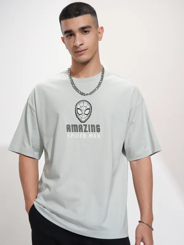 Marvel By Highlander Men Grey Spider-Man Printed Round Neck Oversized Fit T-Shirt