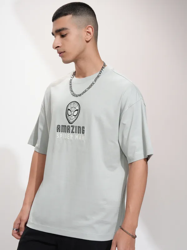 Marvel By Highlander Men Grey Spider-Man Printed Round Neck Oversized Fit T-Shirt