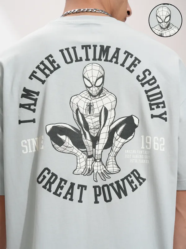 Marvel By Highlander Men Grey Spider-Man Printed Round Neck Oversized Fit T-Shirt