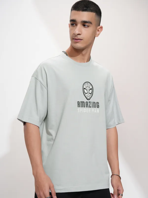 Marvel By Highlander Men Grey Spider-Man Printed Round Neck Oversized Fit T-Shirt