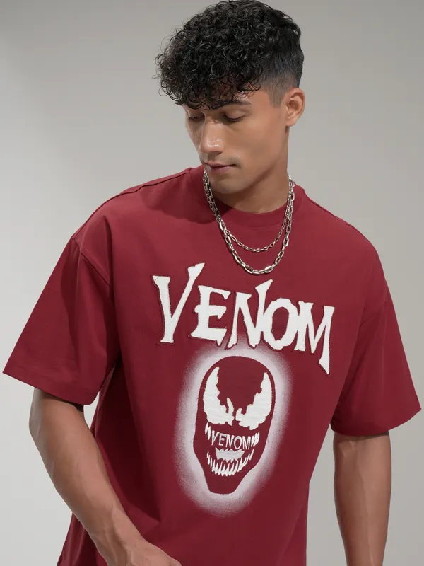 Marvel By Highlander Men Maroon Venom Printed Round Neck Oversized Fit T-Shirt