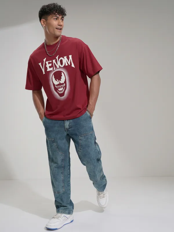 Marvel By Highlander Men Maroon Venom Printed Round Neck Oversized Fit T-Shirt