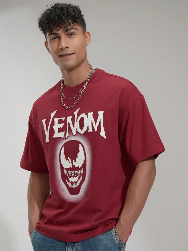 Marvel By Highlander Men Maroon Venom Printed Round Neck Oversized Fit T-Shirt