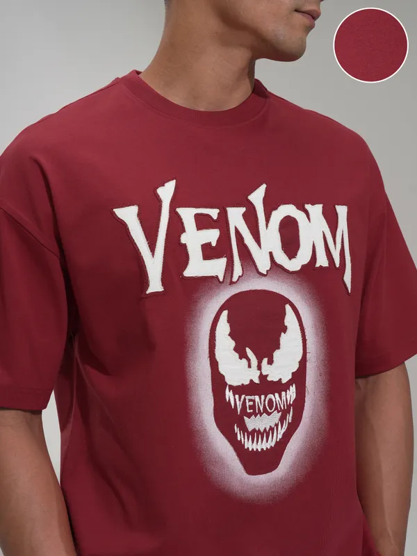 Marvel By Highlander Men Maroon Venom Printed Round Neck Oversized Fit T-Shirt