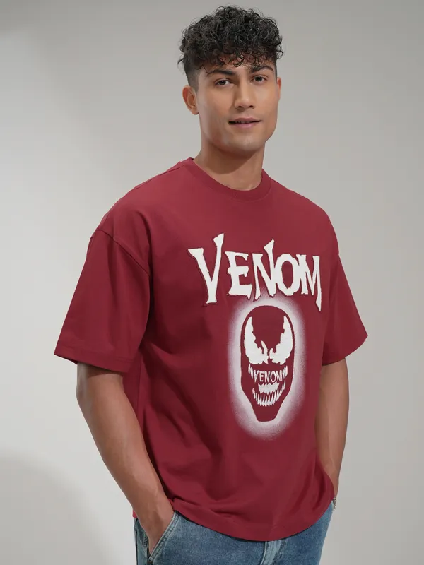 Marvel By Highlander Men Maroon Venom Printed Round Neck Oversized Fit T-Shirt