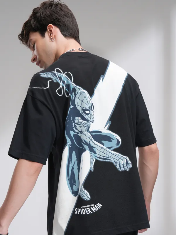 Marvel By Highlander Men Black Spider-Man Printed Round Neck Oversized Fit T-Shirt