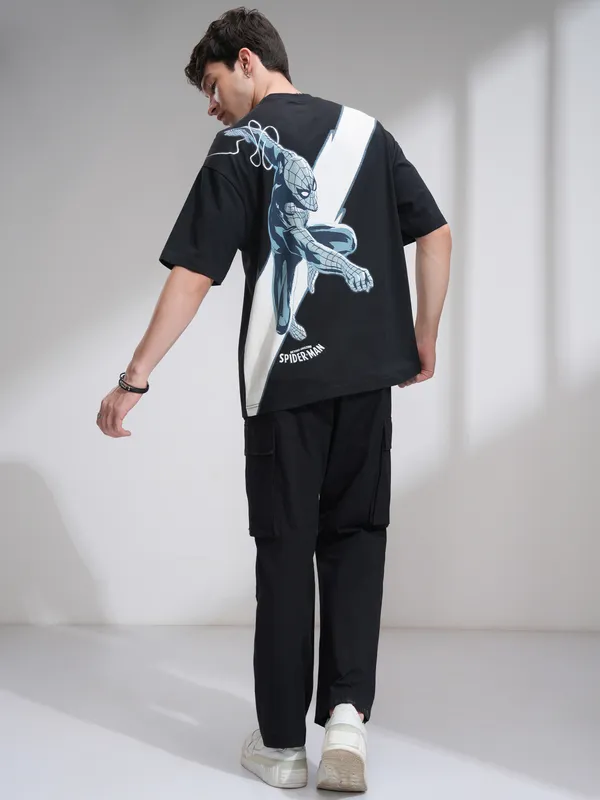 Marvel By Highlander Men Black Spider-Man Printed Round Neck Oversized Fit T-Shirt