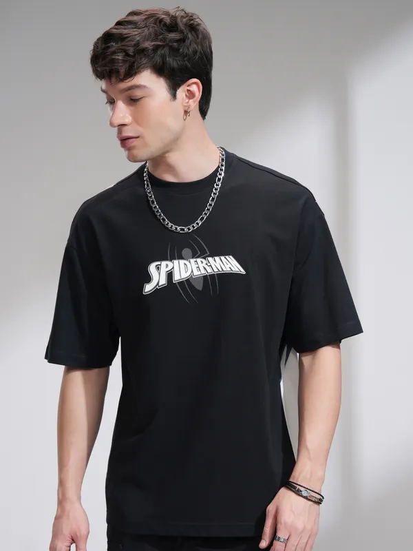Marvel By Highlander Men Black Spider-Man Printed Round Neck Oversized Fit T-Shirt