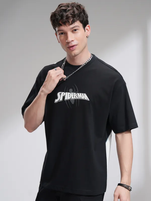 Marvel By Highlander Men Black Spider-Man Printed Round Neck Oversized Fit T-Shirt