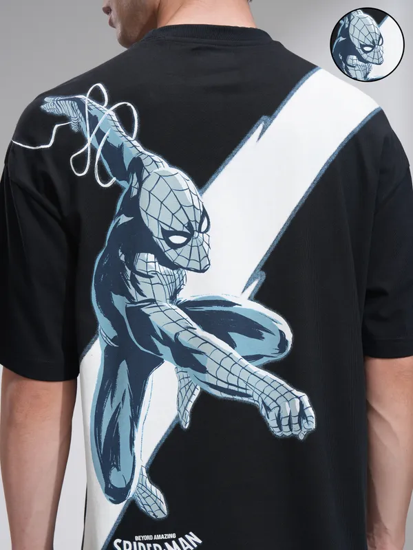 Marvel By Highlander Men Black Spider-Man Printed Round Neck Oversized Fit T-Shirt