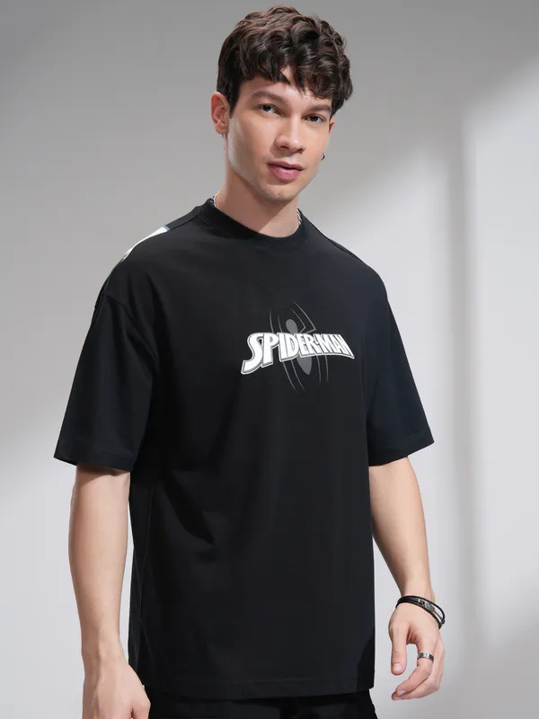 Marvel By Highlander Men Black Spider-Man Printed Round Neck Oversized Fit T-Shirt