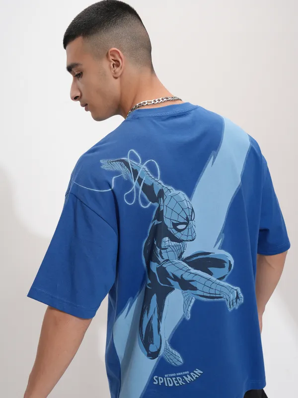 Marvel By Highlander Men Blue Spider-Man Printed Round Neck Oversized Fit T-Shirt
