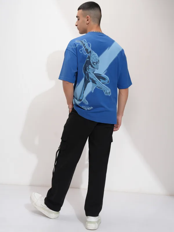 Marvel By Highlander Men Blue Spider-Man Printed Round Neck Oversized Fit T-Shirt