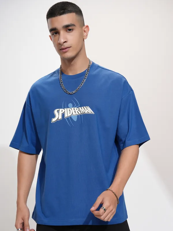 Marvel By Highlander Men Blue Spider-Man Printed Round Neck Oversized Fit T-Shirt