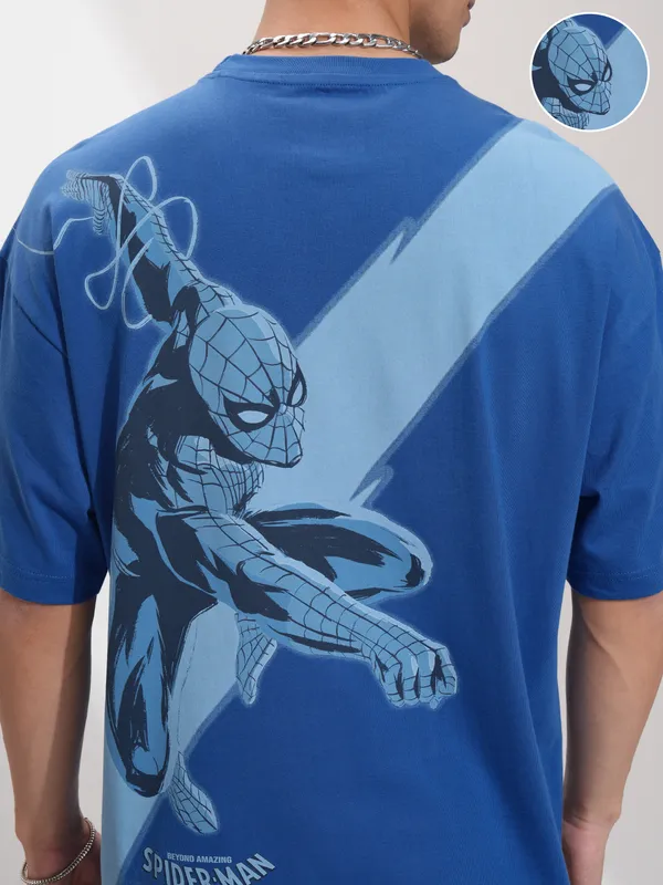 Marvel By Highlander Men Blue Spider-Man Printed Round Neck Oversized Fit T-Shirt
