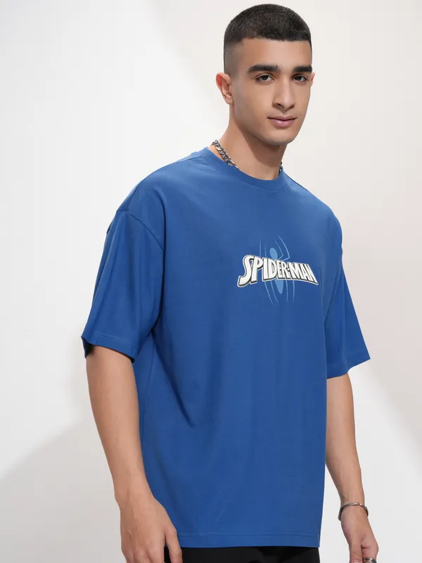 Marvel By Highlander Men Blue Spider-Man Printed Round Neck Oversized Fit T-Shirt