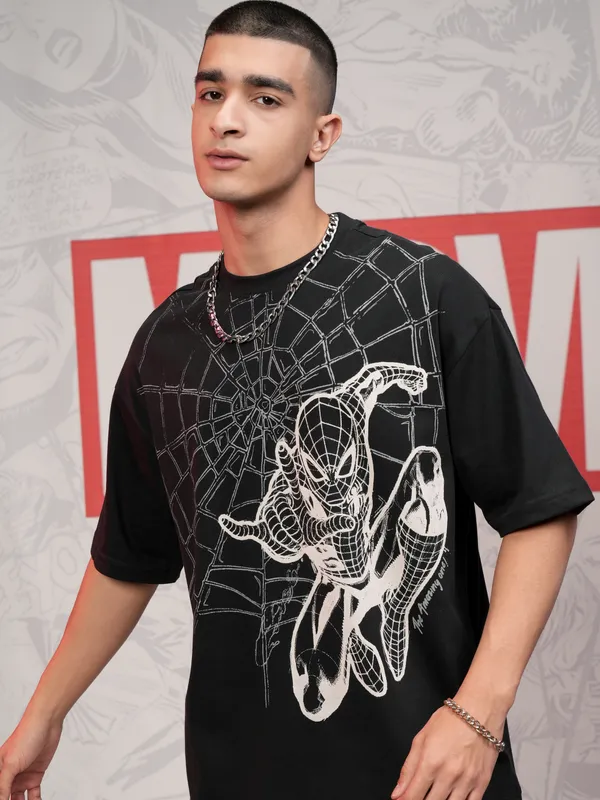 Marvel By Highlander Men Black Spider-Man Printed Round Neck Oversized Fit T-Shirt