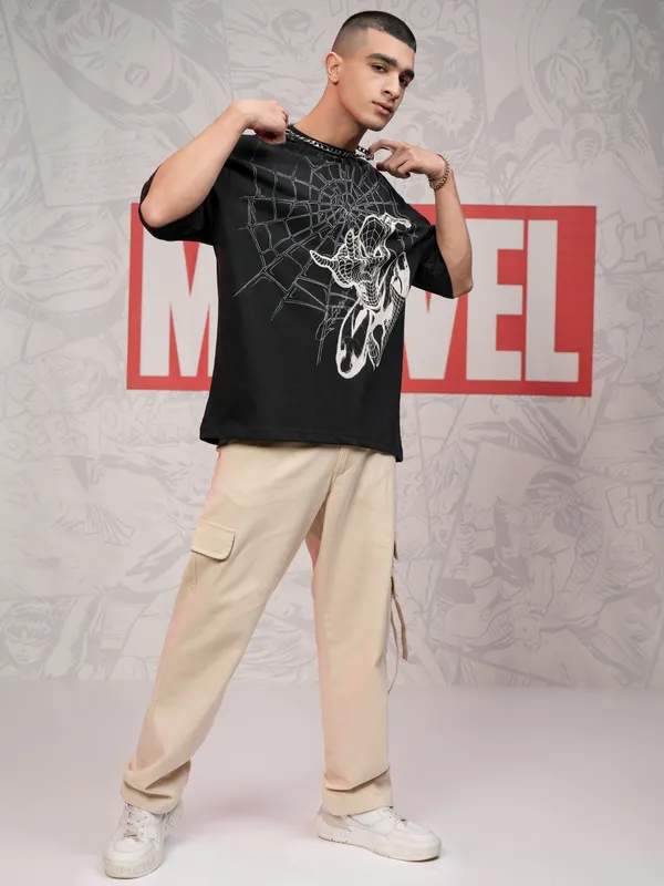 Marvel By Highlander Men Black Spider-Man Printed Round Neck Oversized Fit T-Shirt