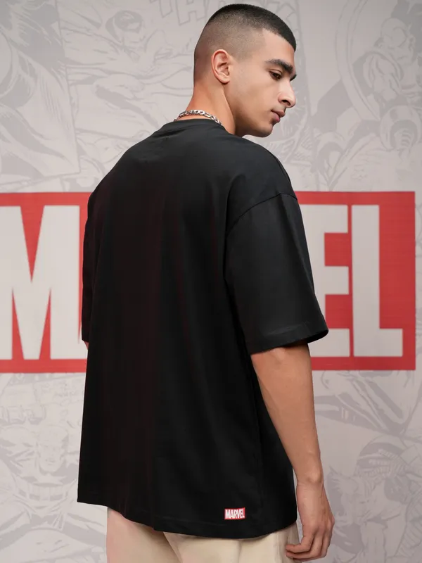 Marvel By Highlander Men Black Spider-Man Printed Round Neck Oversized Fit T-Shirt